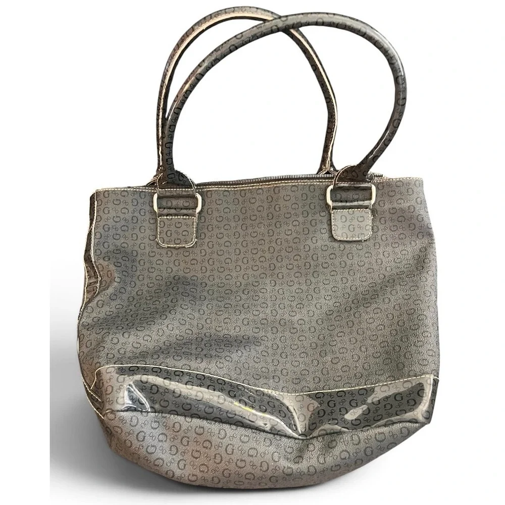 GUESS Gray Monogram Tote Handbag Large Shoulder Purse Zip Top Patent Trim